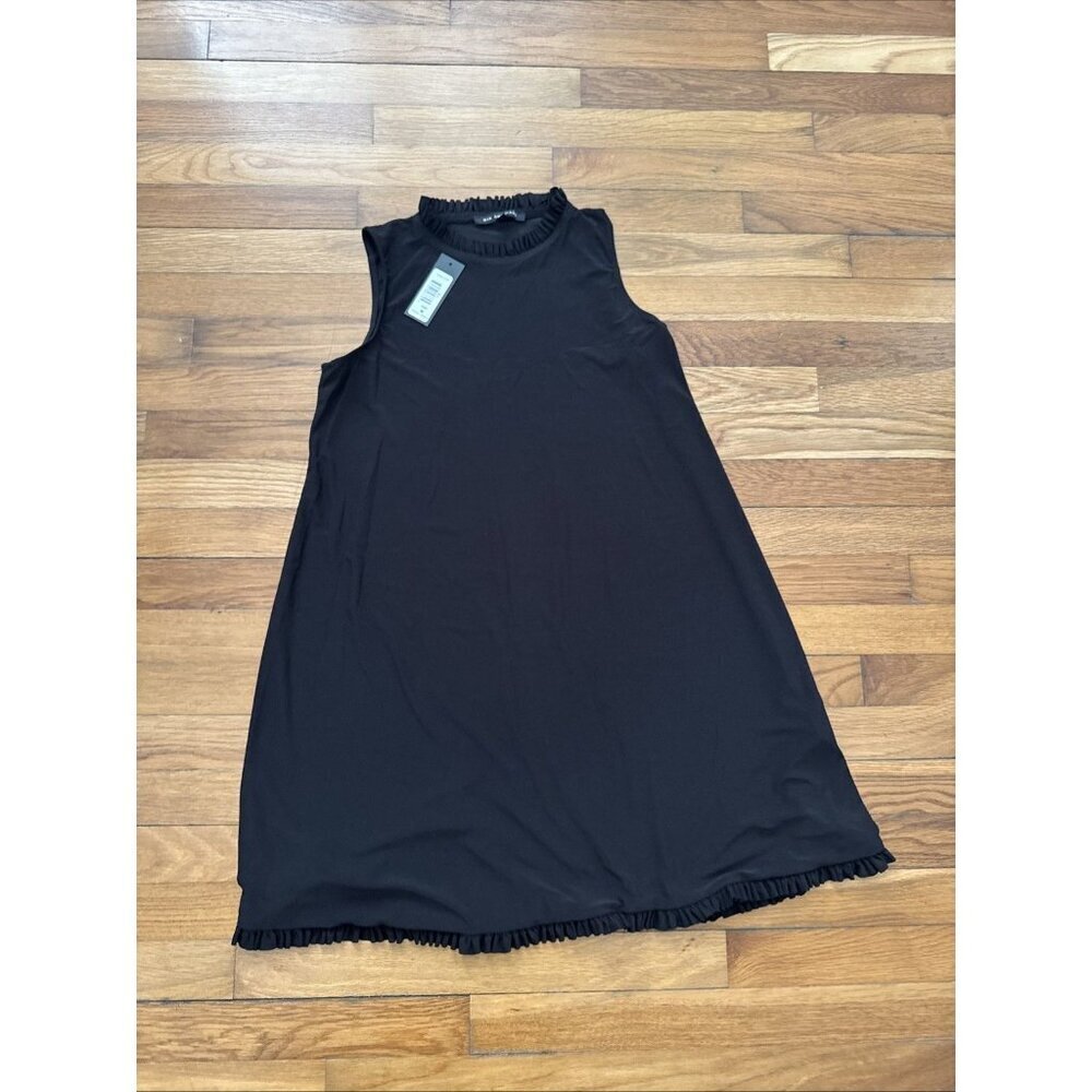 Nik and Nash Black Jersey Shift Dress Stretch Ruffled Hem Neckline Size M